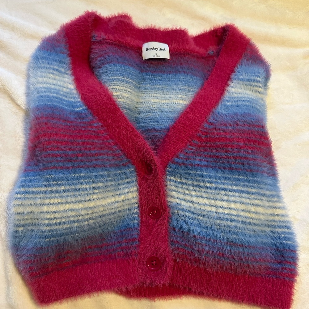 Sunday Best Fuzzy Striped Cardigan - Pink and Blue